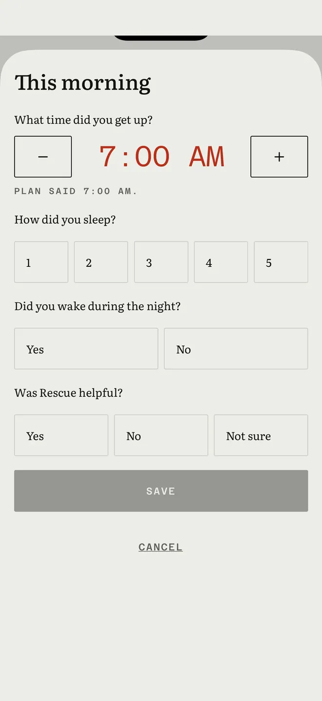 Morning check-in: wake time stepper and two quick questions